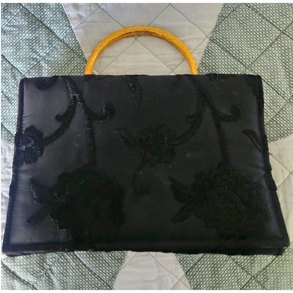 Cara Evening Bag Women Small Black Good Vintage Embroidered Satin Gold Handle